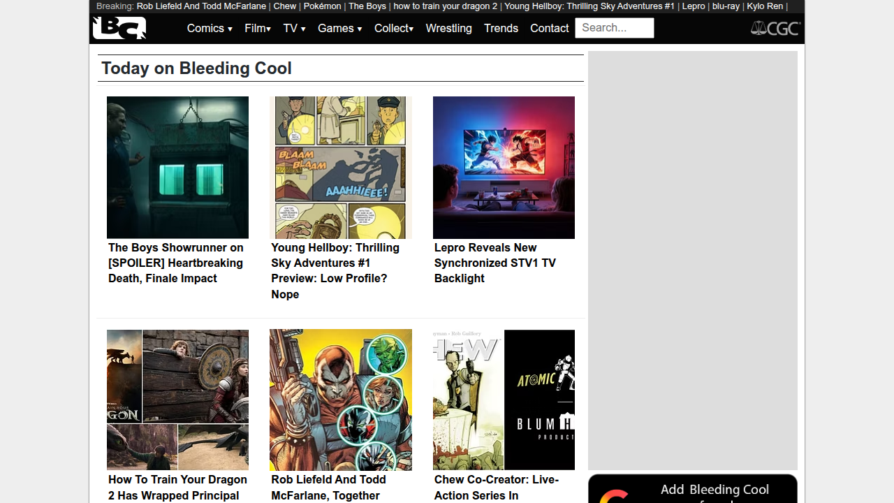 Screenshot of Bleeding Cool's homepage, a pop culture news site that reported on Dog Man's sales figures.