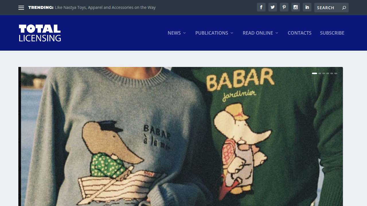 Screenshot of Total Licensing's homepage, a publication covering global licensing news, including book sales milestones.
