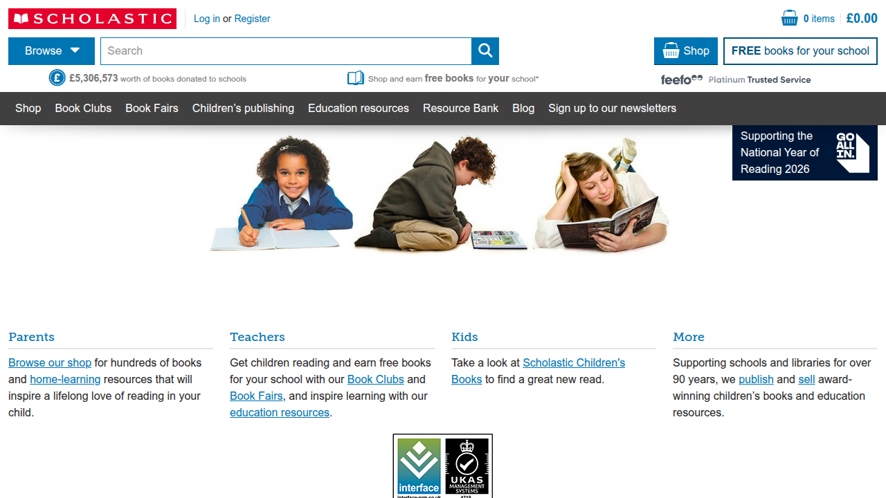 Screenshot of Scholastic's homepage, the publisher of the popular Dog Man series and a hub for children's literature.