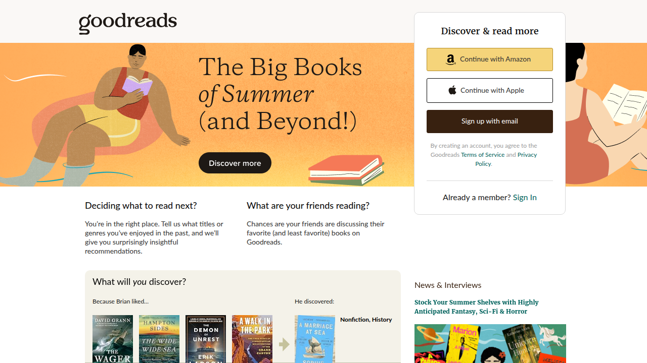 Screenshot of Goodreads' homepage, a community-driven platform for discovering books and reading recommendations.