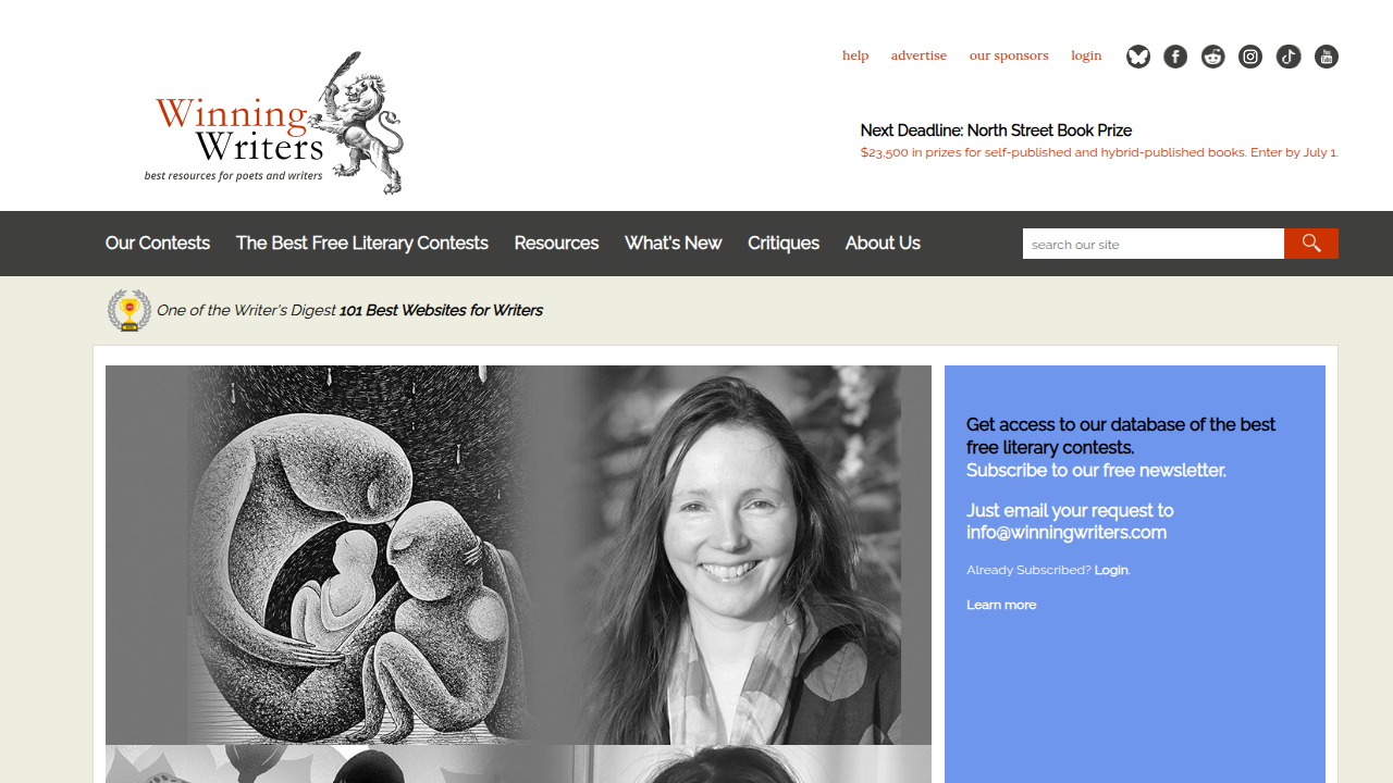 A screenshot of WinningWriters.com, a resource for writers, highlighting its role in ranking literary magazines and reflecting the digital evolution of publishing.