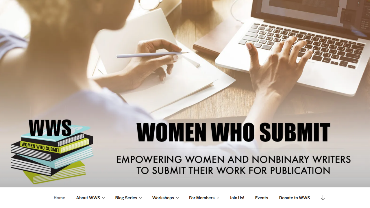 A screenshot of WomenWhoSubmitLit.org, a community and resource for women writers, indicating its support for literary submissions and addressing submission realities.