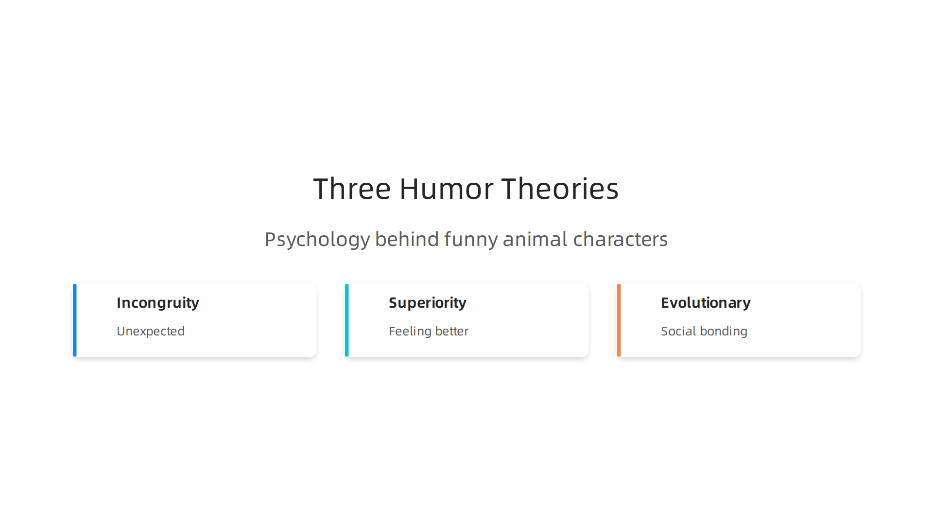 An infographic explaining the Incongruity, Superiority, and Evolutionary theories, which psychologically underpin why funny animal characters make us laugh.