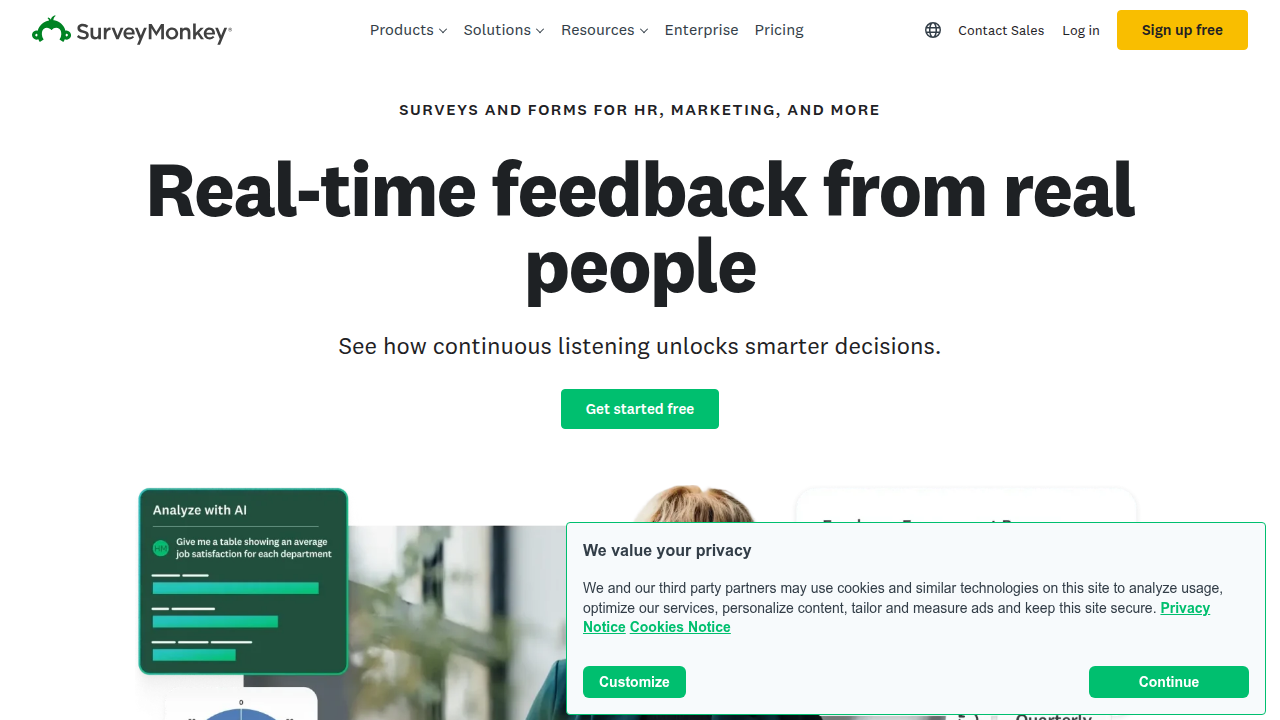 The homepage of SurveyMonkey, a platform mentioned for tracking cultural trends and audience preferences related to humor.