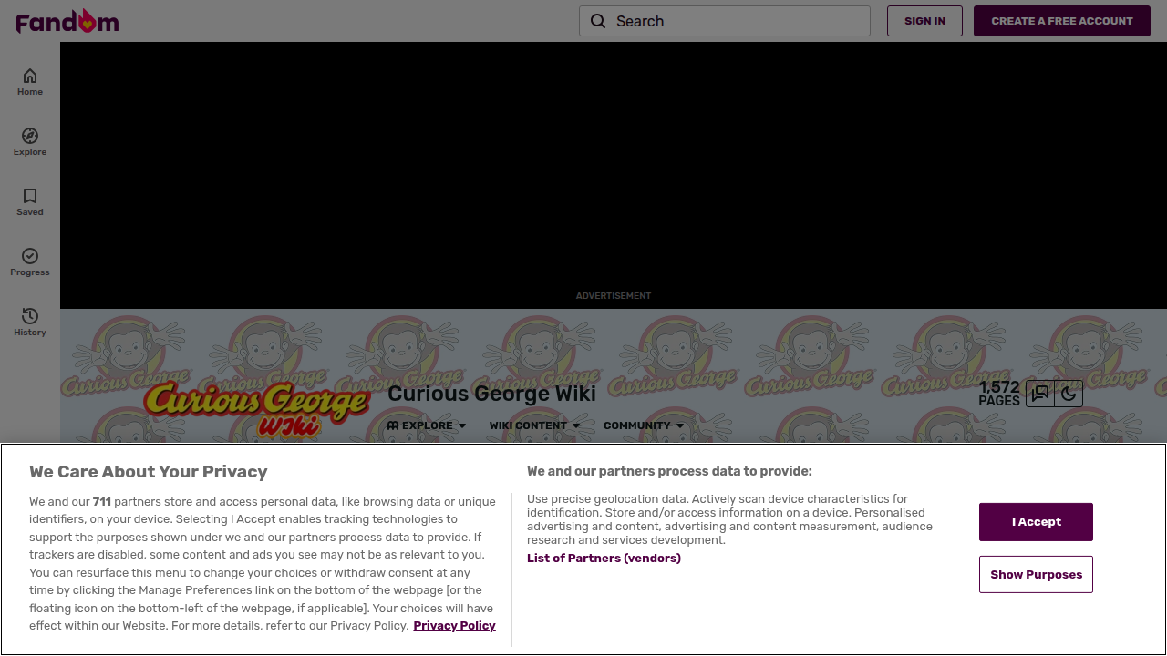 A screenshot of the Curious George Wiki page, providing detailed information about the beloved character and series.