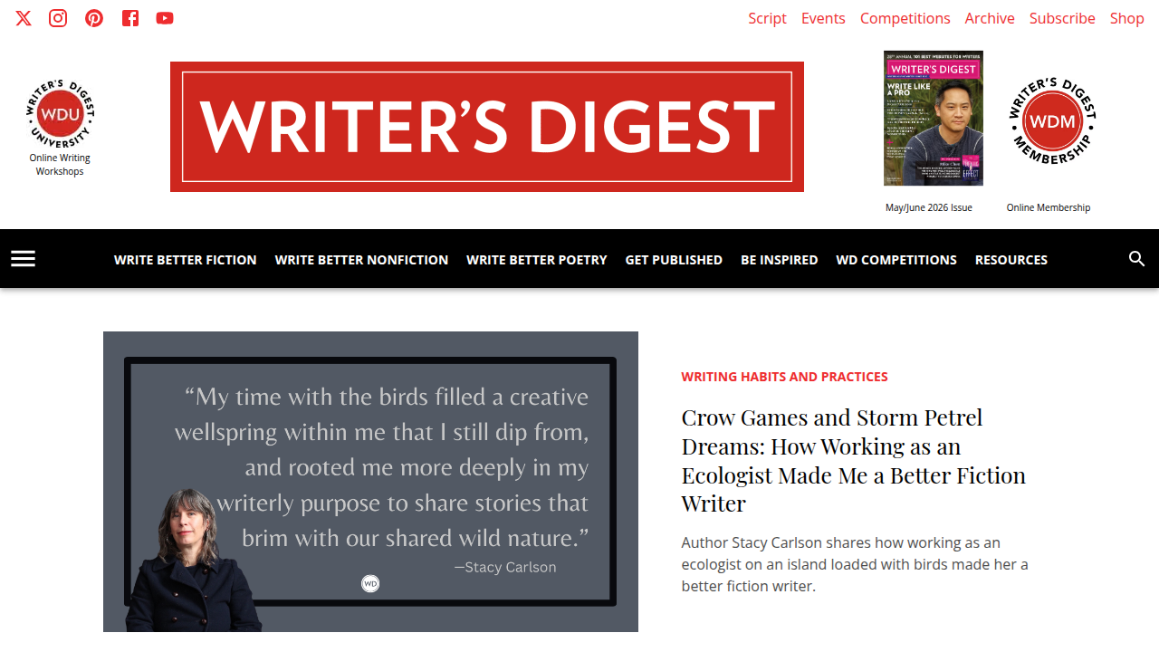 The homepage of Writer's Digest, a key resource for aspiring writers looking for advice on character development and storytelling.