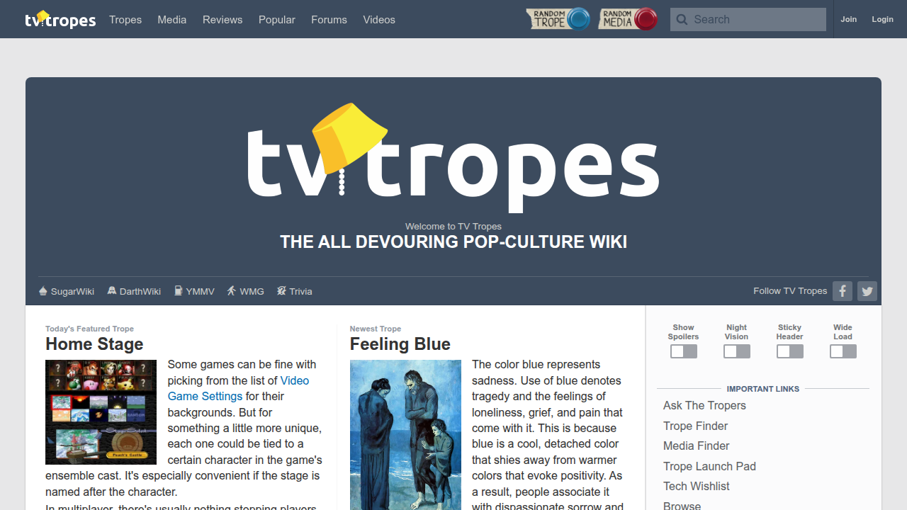 The homepage of TV Tropes, a wiki dedicated to cataloging tropes and conventions in fiction.