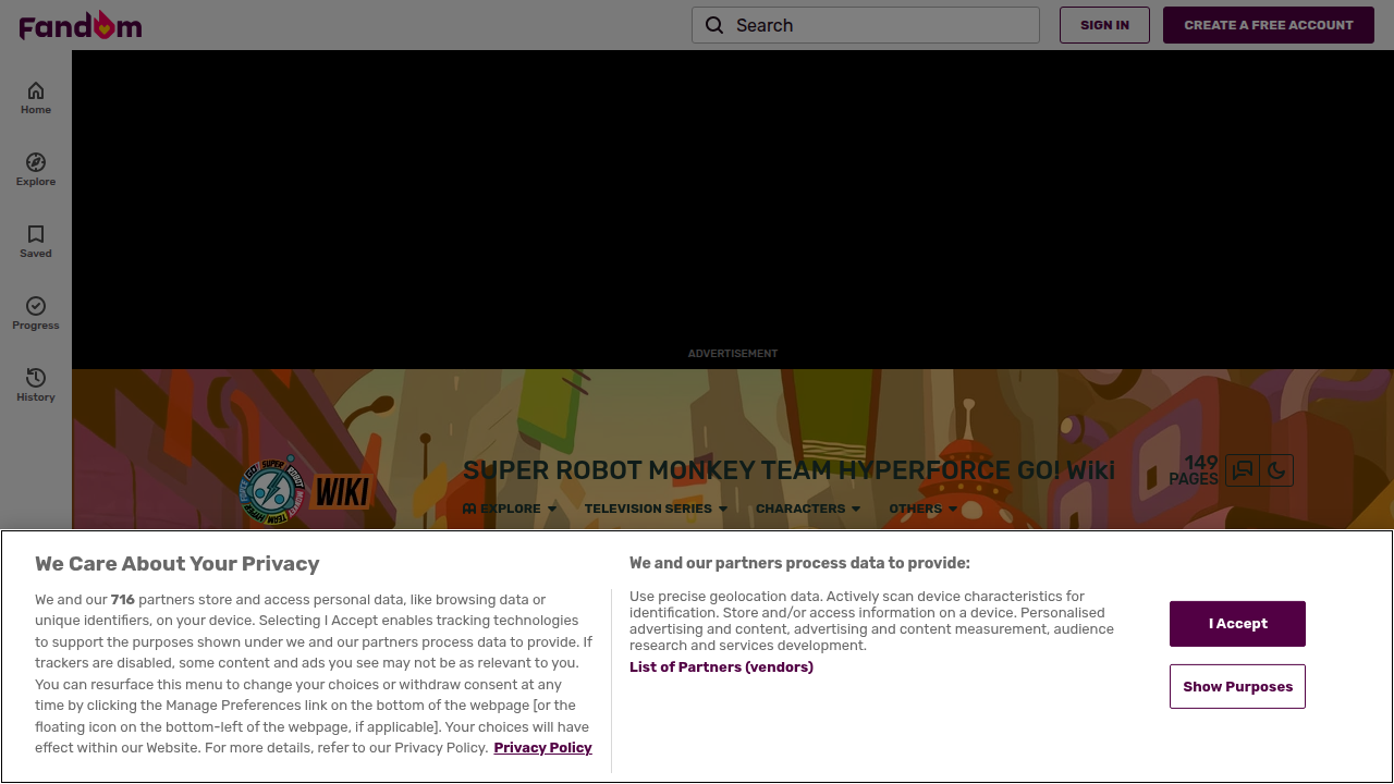 The homepage of the Super Robot Monkey Team Hyperforce Go! Fandom Wiki, a resource for fans.