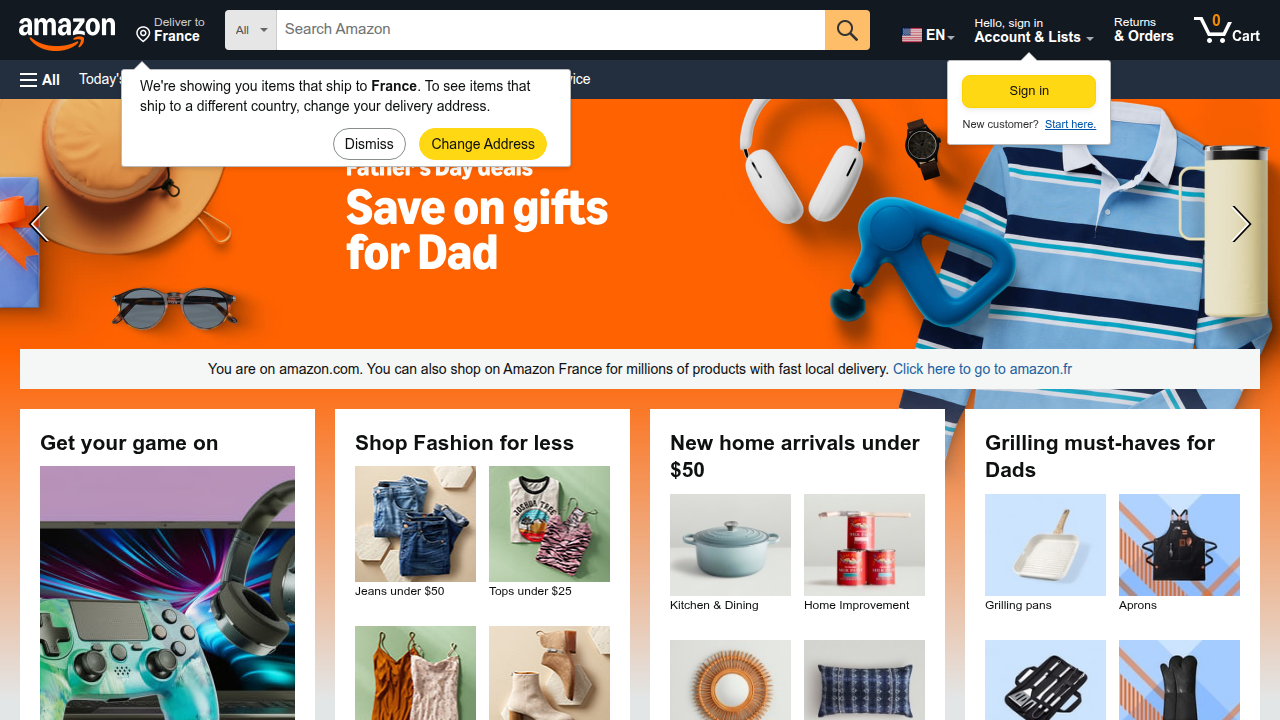 Screenshot of the Amazon homepage, a major platform for discovering and purchasing books, including humorous fiction.
