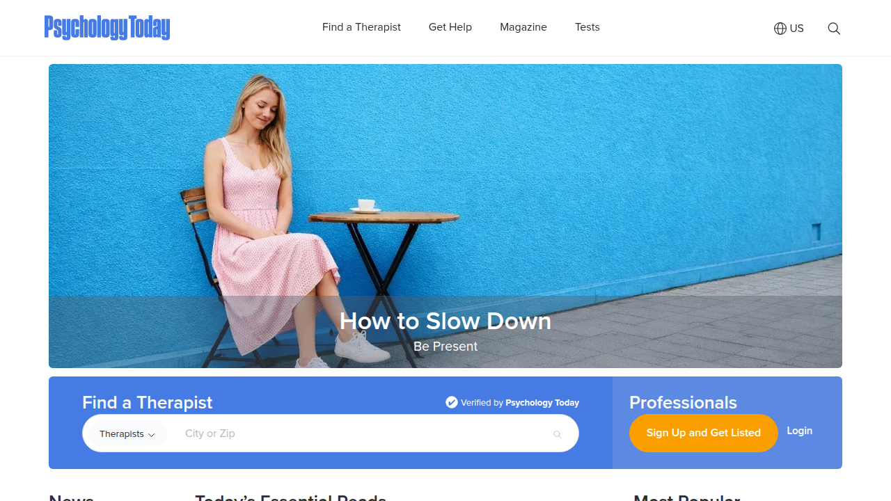 Screenshot of the Psychology Today homepage, a leading resource for psychology articles and insights.