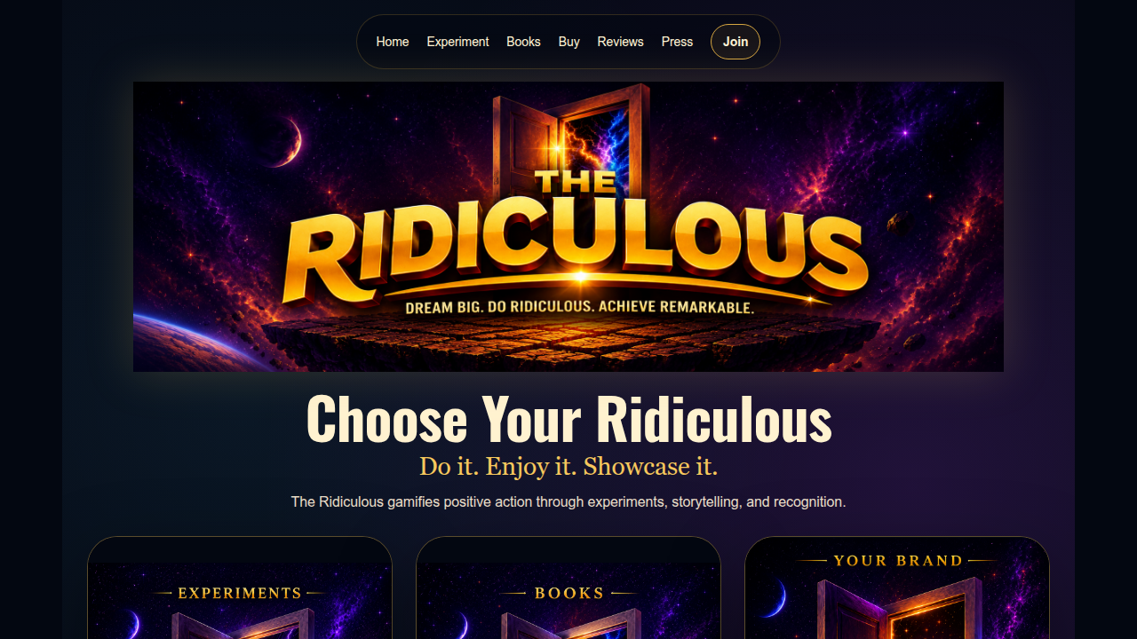 The official website for 'The Ridiculous,' showcasing sci-fi comedy fiction.