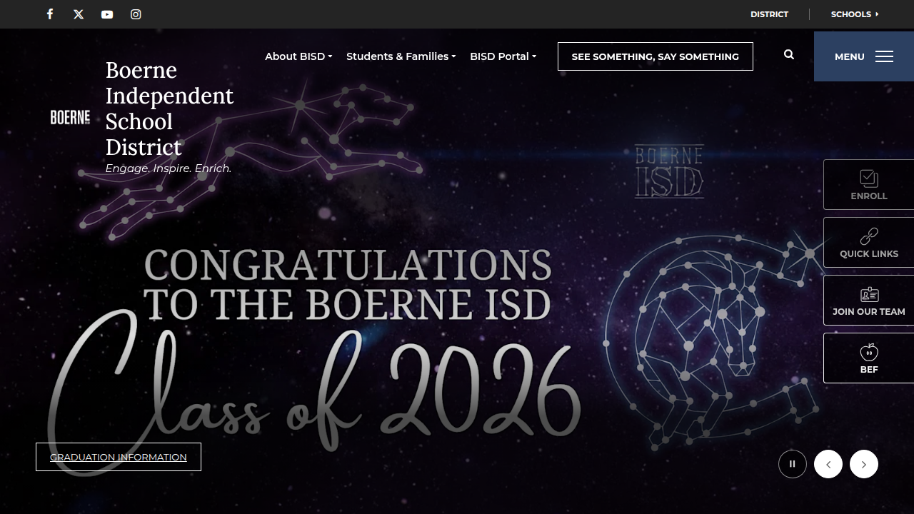 Homepage of Boerne Independent School District, relevant to educational resources and booklists.