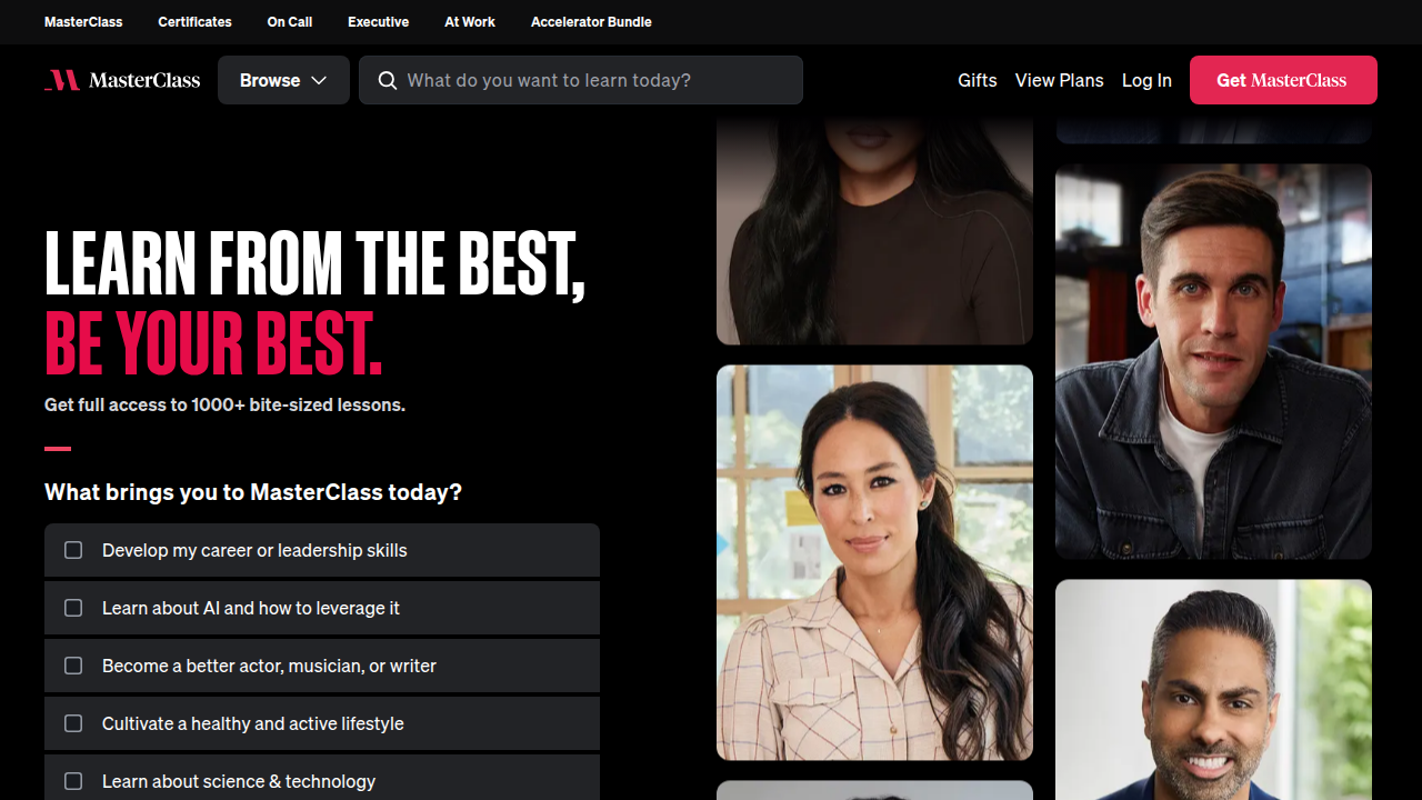 Homepage for Masterclass, offering guides on various skills including comedic timing.