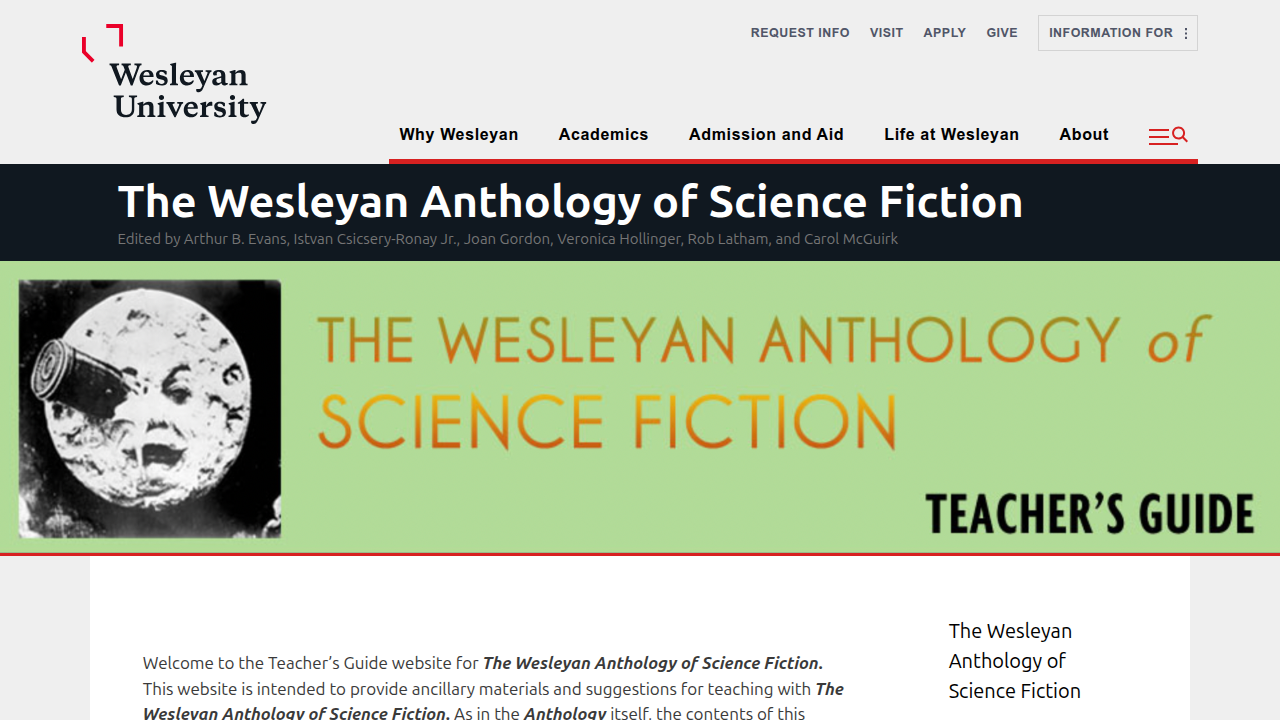 Homepage of Wesleyan University's Sci-Fi Anthology, discussing absurd humor in literature.