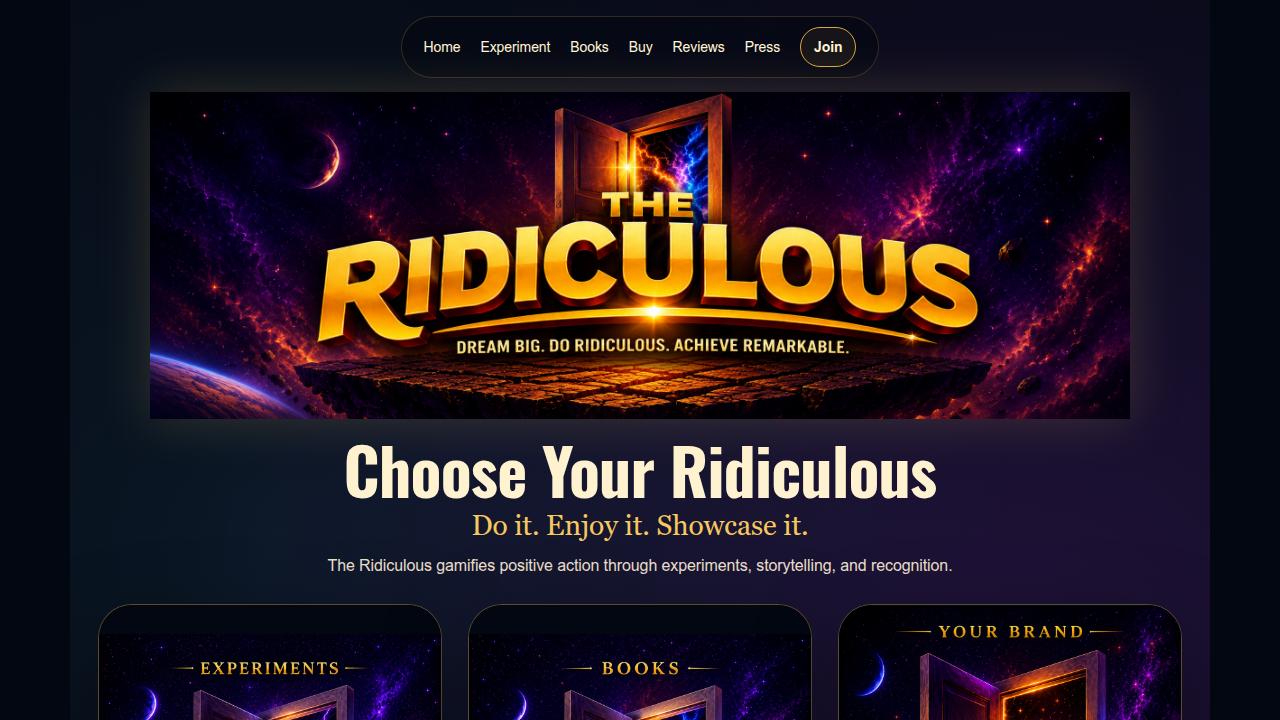 Screenshot of The Ridiculous website, promoting a sci-fi comedy story world.