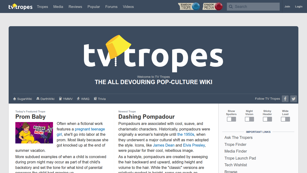 Screenshot of TV Tropes website, detailing common narrative elements like 'Funny Animal Tropes'.
