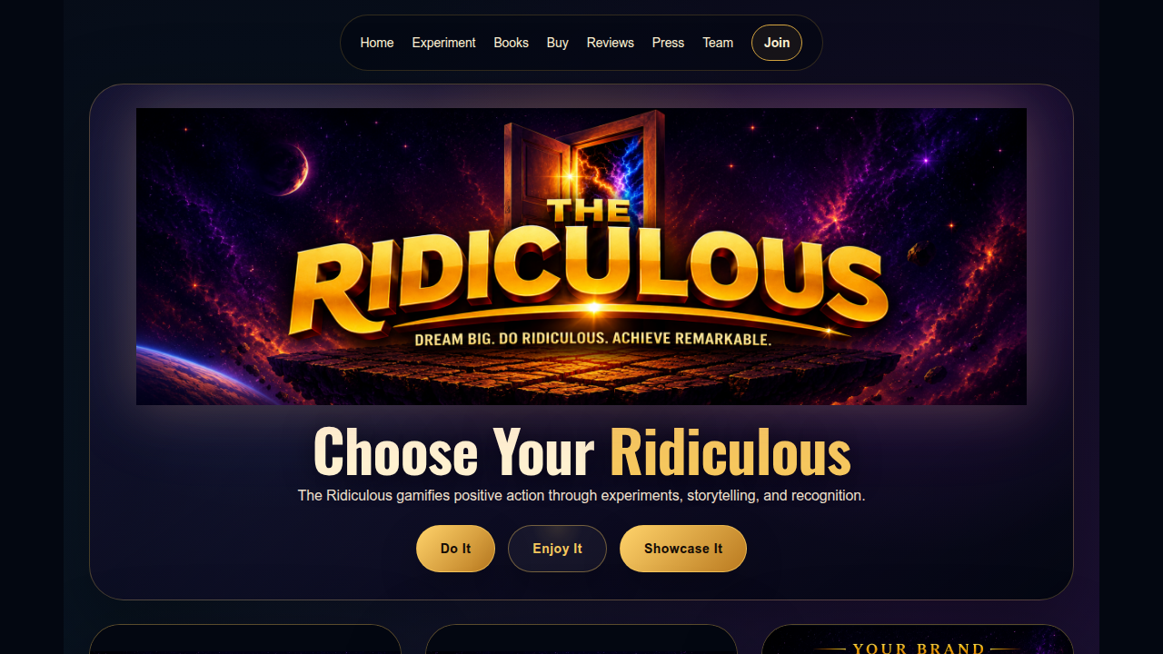Screenshot of the 'The Ridiculous' homepage, a website offering humorous sci-fi fiction.